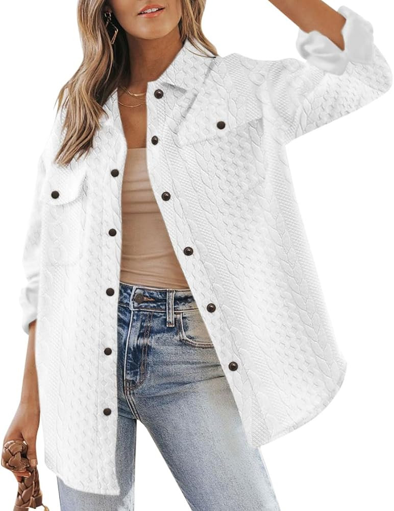 Women’s Shacket Jackets Casual Long Sleeve Button Down Shirts Solid Color Loose Fashion B... | Amazon (US)