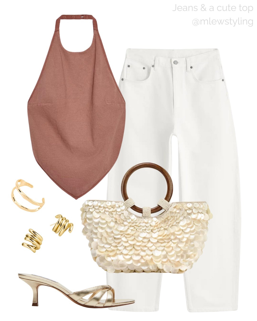 Chic summer night outfit with white jeans and a Zara halter top 🤎

Tags: cos barrel leg denim, pearl evening bag, gold heeled sandals, Steve Madden mules, Mejuri spiral earrings, revolve gold cuff bracelet, date night, drinks with friends, night out 

#LTKItBag #LTKStyleTip #LTKShoeCrush