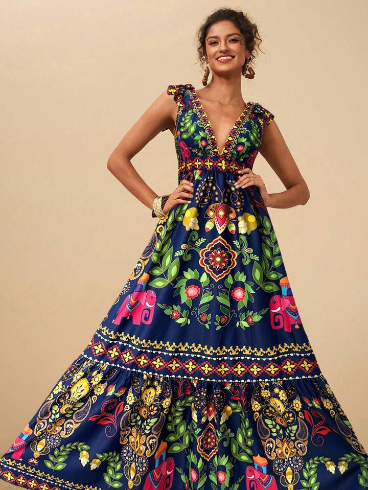 Travachic Women's Vacation Floral Print Plunging Neck Sleeveless Dress, Casual Woman Style, Fall Outfits For Women, Chic Autumn,Sexy Going Out Outfit,Elegant Outfits,Country Style For Women,Tropical Printed Maxi Dress | SHEIN