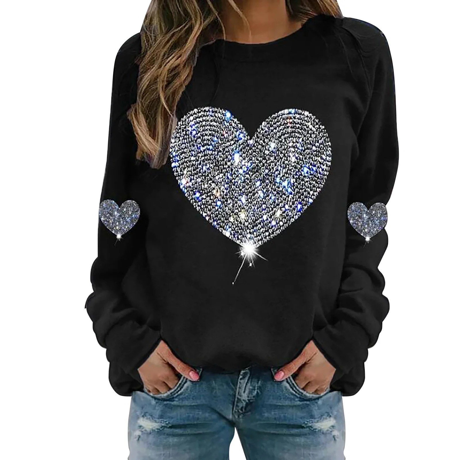 Baqcunre Crewneck Sweatshirts Solid Color Crew Neck Loose Long Sleeved Valentine's Day Print Hood... | Walmart (US)