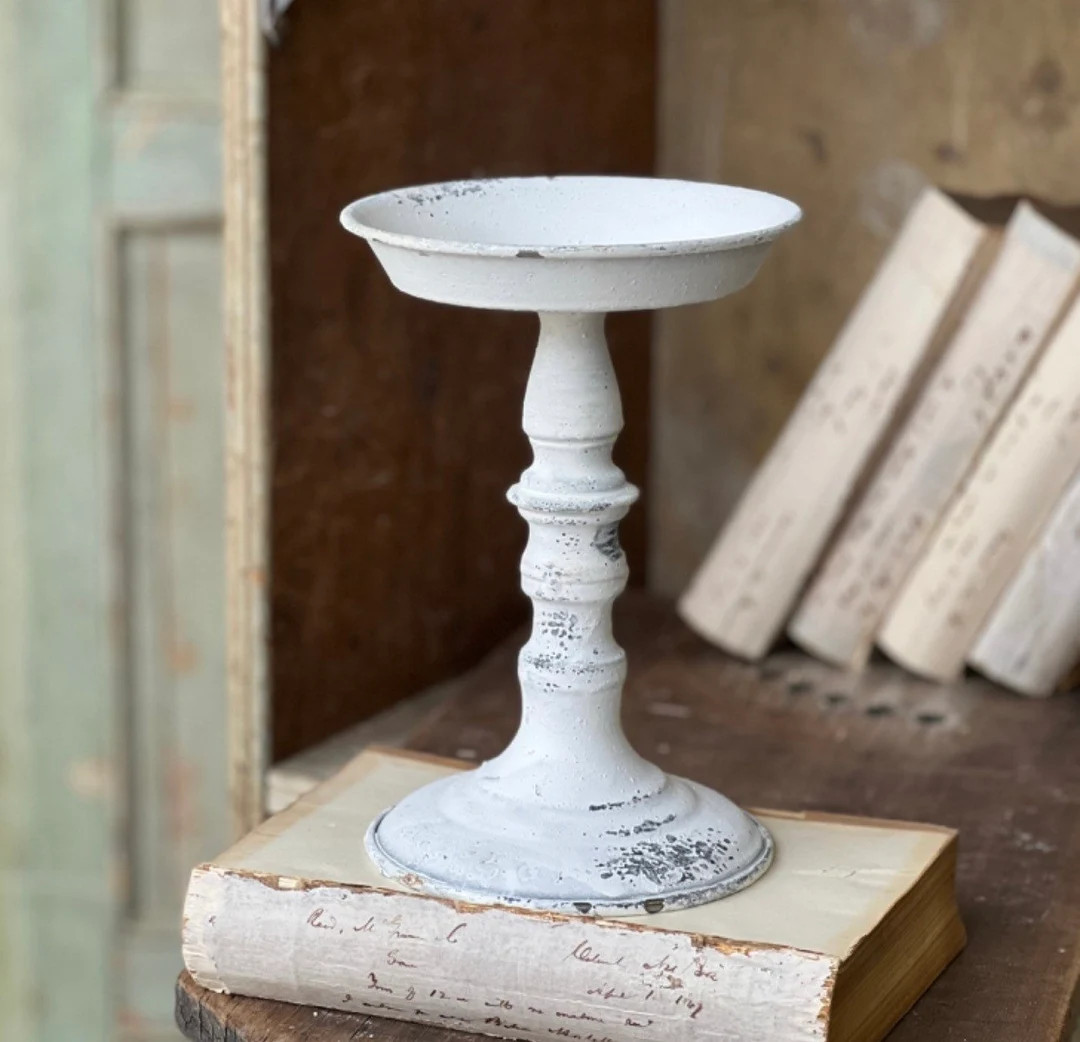 White/cream vintage inspired pedestal plate , Distressed finish, Pillar candle display, candlehol... | Etsy (US)