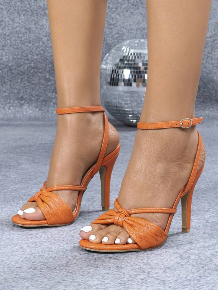 Women's Wide Strap Bow Decor Stilettos, Minimalist Open Toe Ankle Strap Metal Buckle Sandals, Suitable For Summer & Autumn | SHEIN