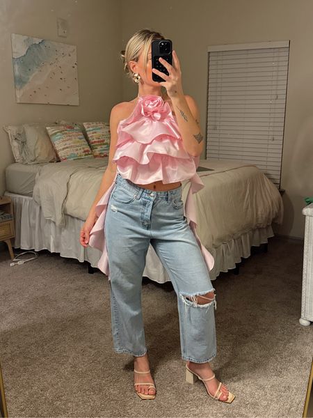 SPRING OUTFIT INSPO🌷 jeans are thrifted H&M, top is “Baby Pink Satin Floral Applique Extreme Frill Halterneck Crop Top” from PLT (currently sold out) 

#LTKSpringSale #LTKSeasonal