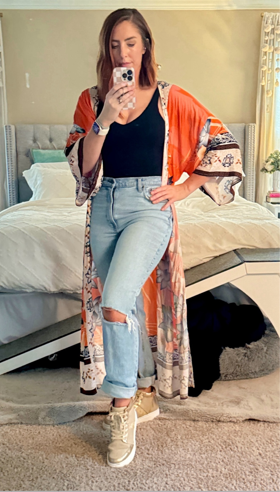 How cute is this kimono? Loving how it adds a pop of color to this everyday outfit. This bodysuit is from Amazon and fits like a glove. The jeans are Abercrombie 90s straight leg jeans and tall girl friendly. My sneakers are from Yellow Box

#LTKSaleAlert #LTKStyleTip #LTKFindsUnder100