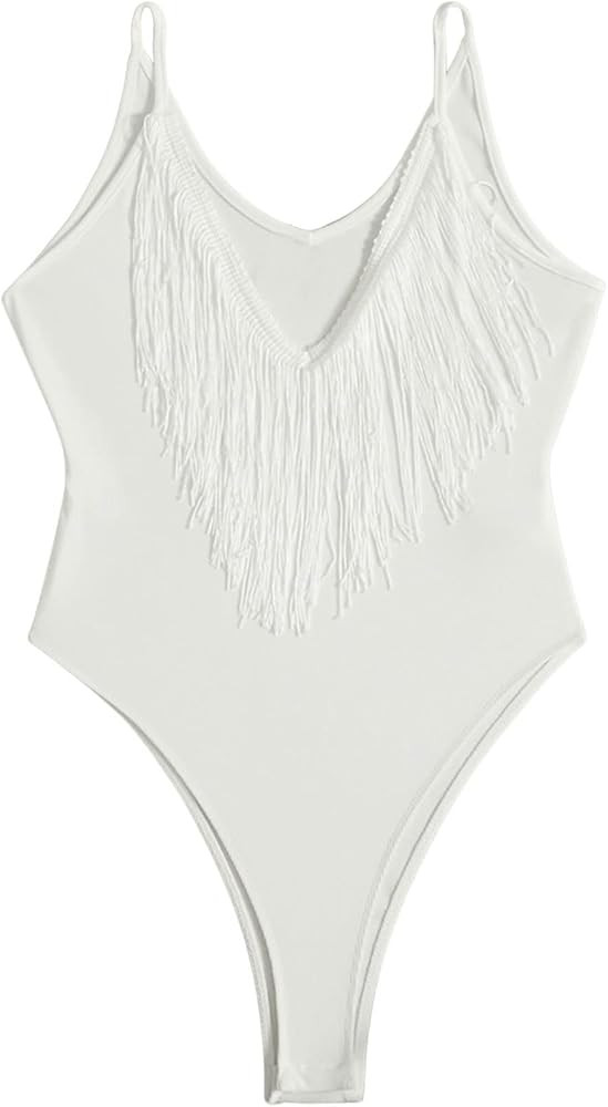 SweatyRocks Women's Fringe V Neck Sleeveless Tassel Bodysuit Skinny Cami Bodysuits Jumpsuit | Amazon (US)