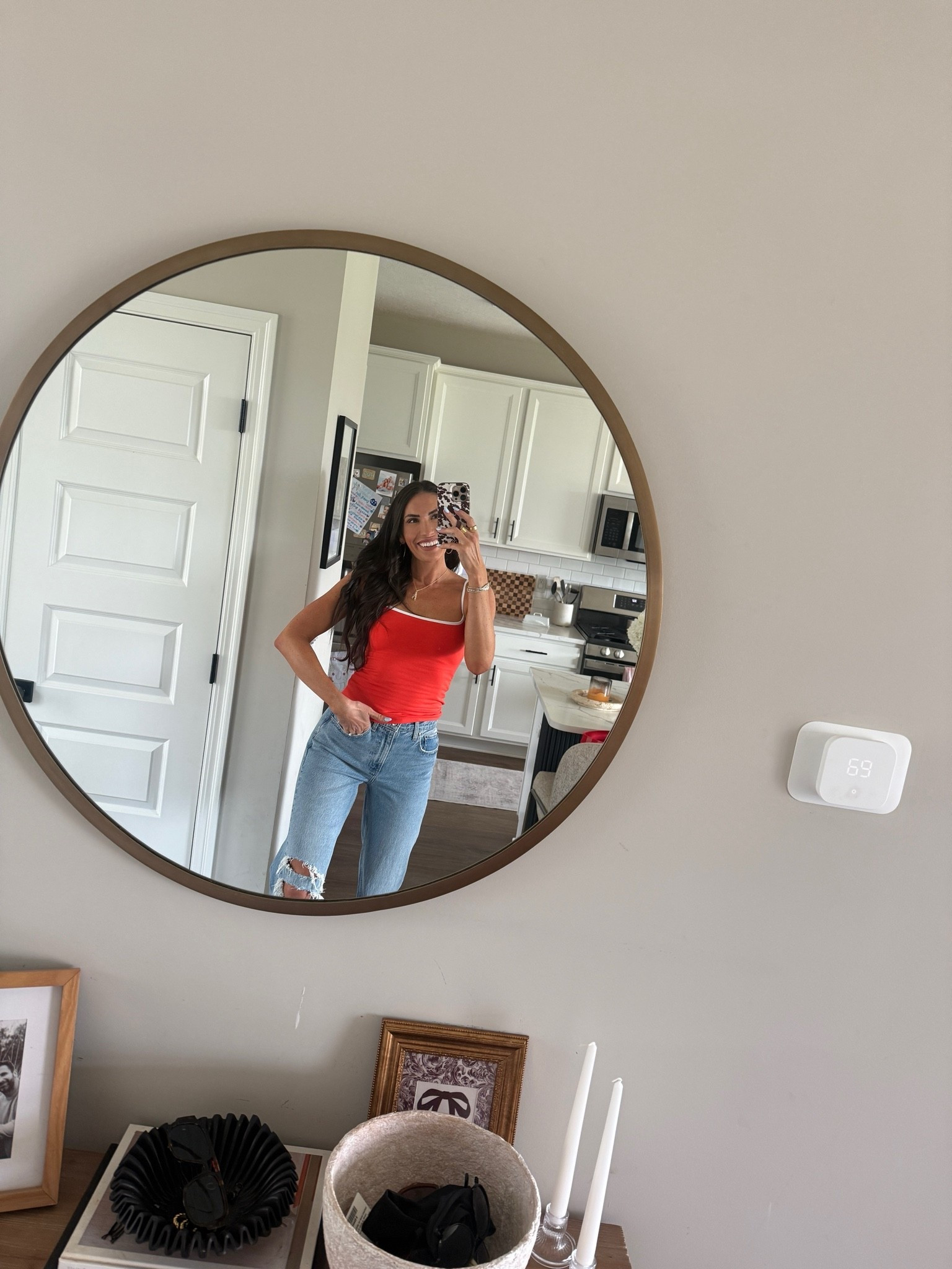 Found jeans I’m OBSESSED with 
Use code DENIMAF for the @abercrombie sale 
I’m wearing a 26 long in these - I’m wearing the high rise 90’s relaxed jeans light wash 
Wearing size small in the tank & it’s bra-free, color is red/orange

#LTKootd #LTKmomlife #LTKgrwm