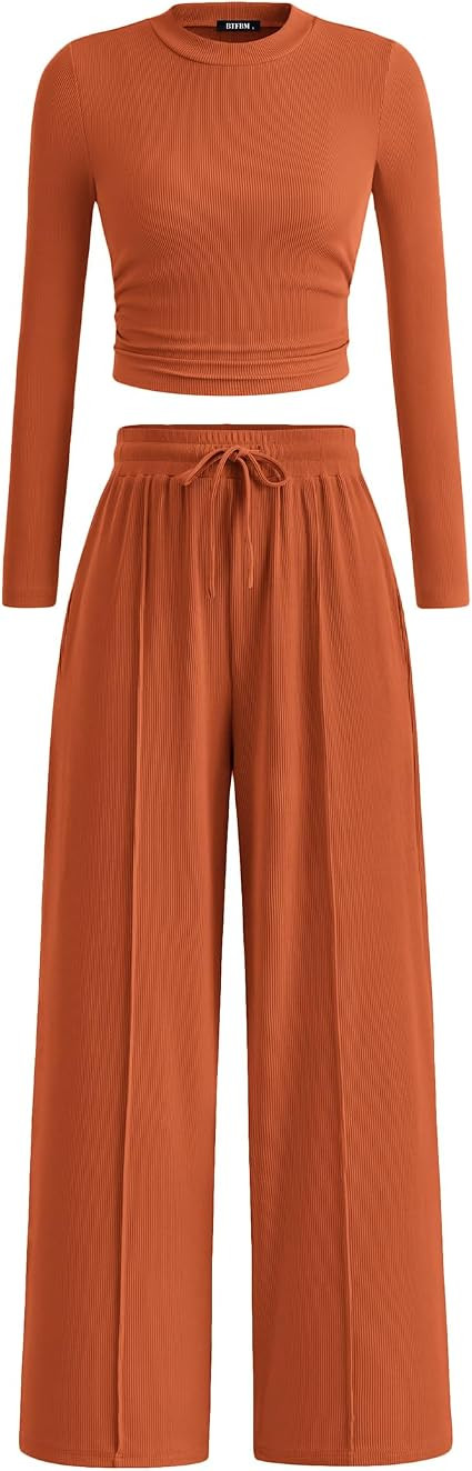 BTFBM Casual Ribbed 2 Piece Sets For Women Fall 2026 | Ruched Slim Long Sleeve Crop Top, Elastic ... | Amazon (US)
