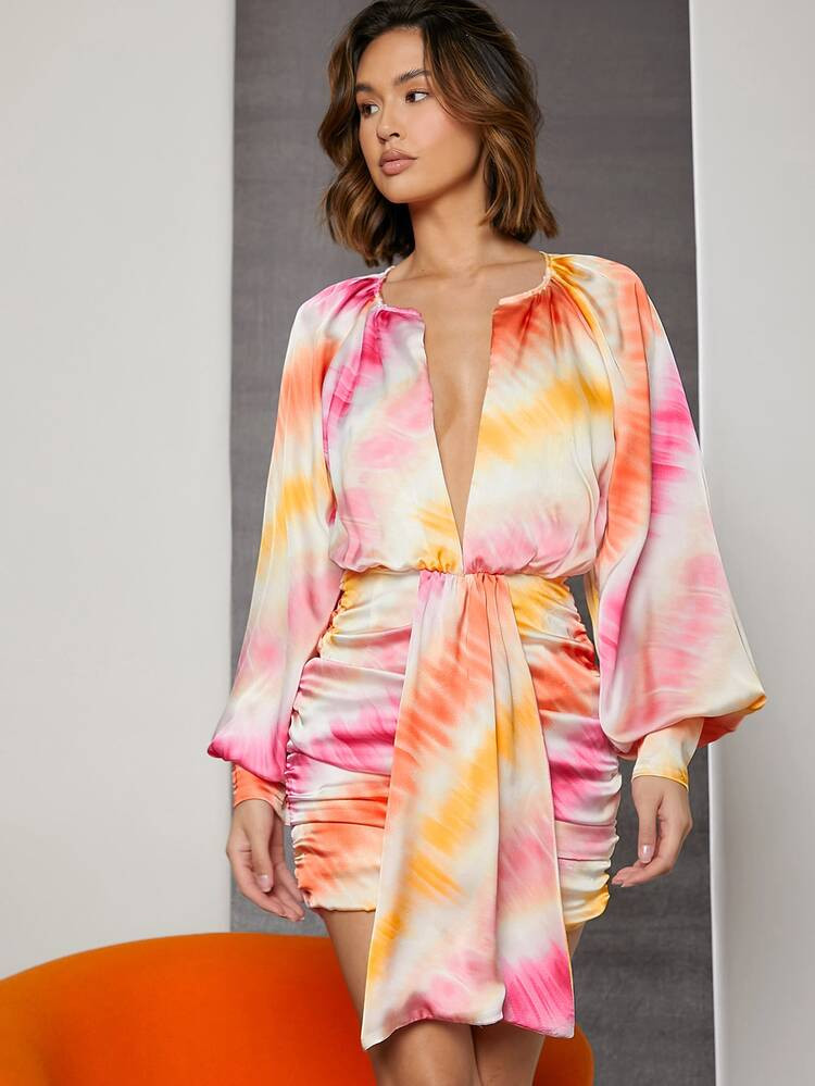 Tie Dye Notch Neck Lantern Sleeve Draped Front Dress | SHEIN