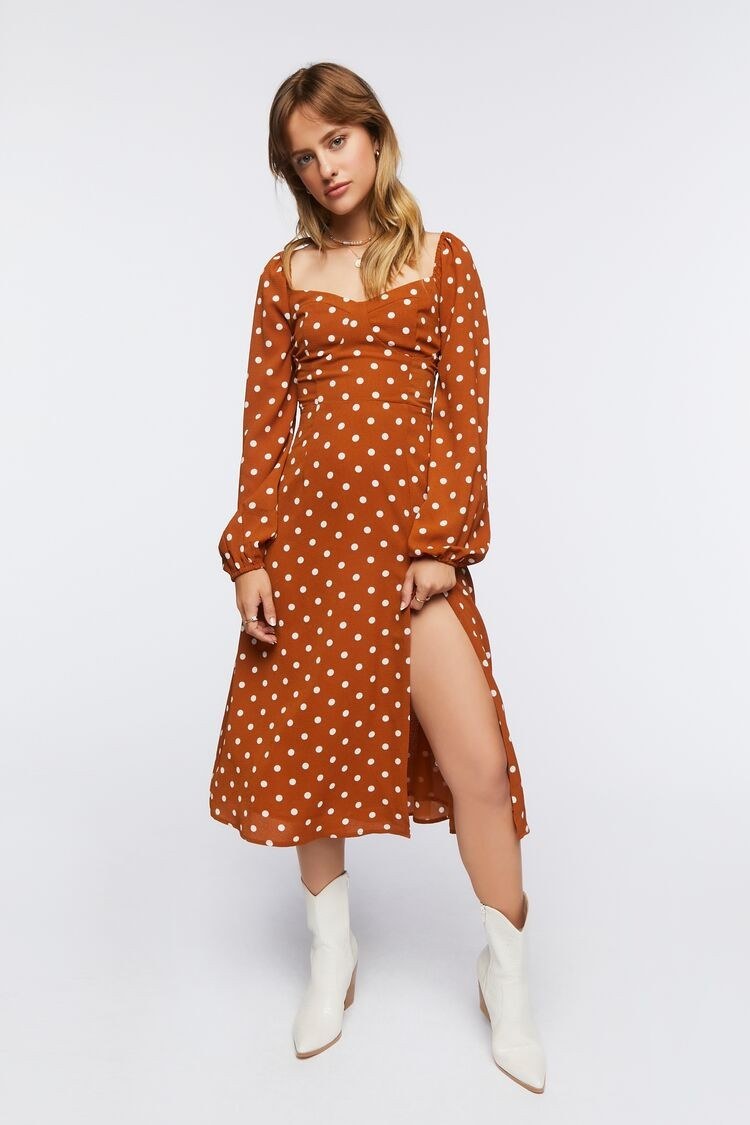 Polka Dot Peasant-Sleeve Midi Dress | Forever 21 | Forever 21 (US)