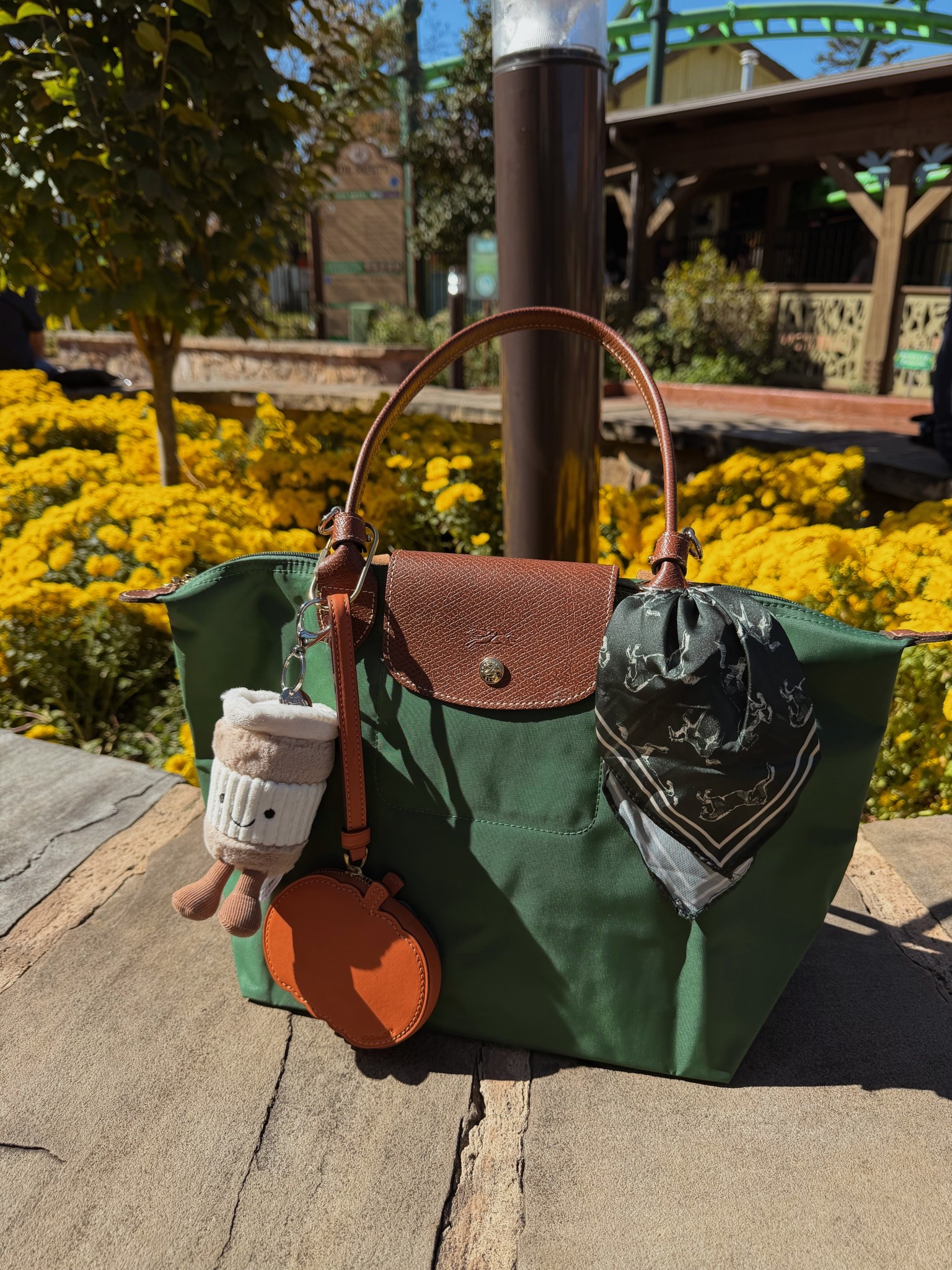 Purse of the day for DollyWood 🍂🍁 loving the fall vibes here and all of the pumpkins 🎃 
Longchamp Le Pliage tote in Medium long handle British Green
Coach orange pumpkins coin purse
Jelly cat to go coffee cup bag charm
Equestrian bandana bag charm
Bag charm connector

#LTKTravel #LTKItBag #LTKGiftGuide