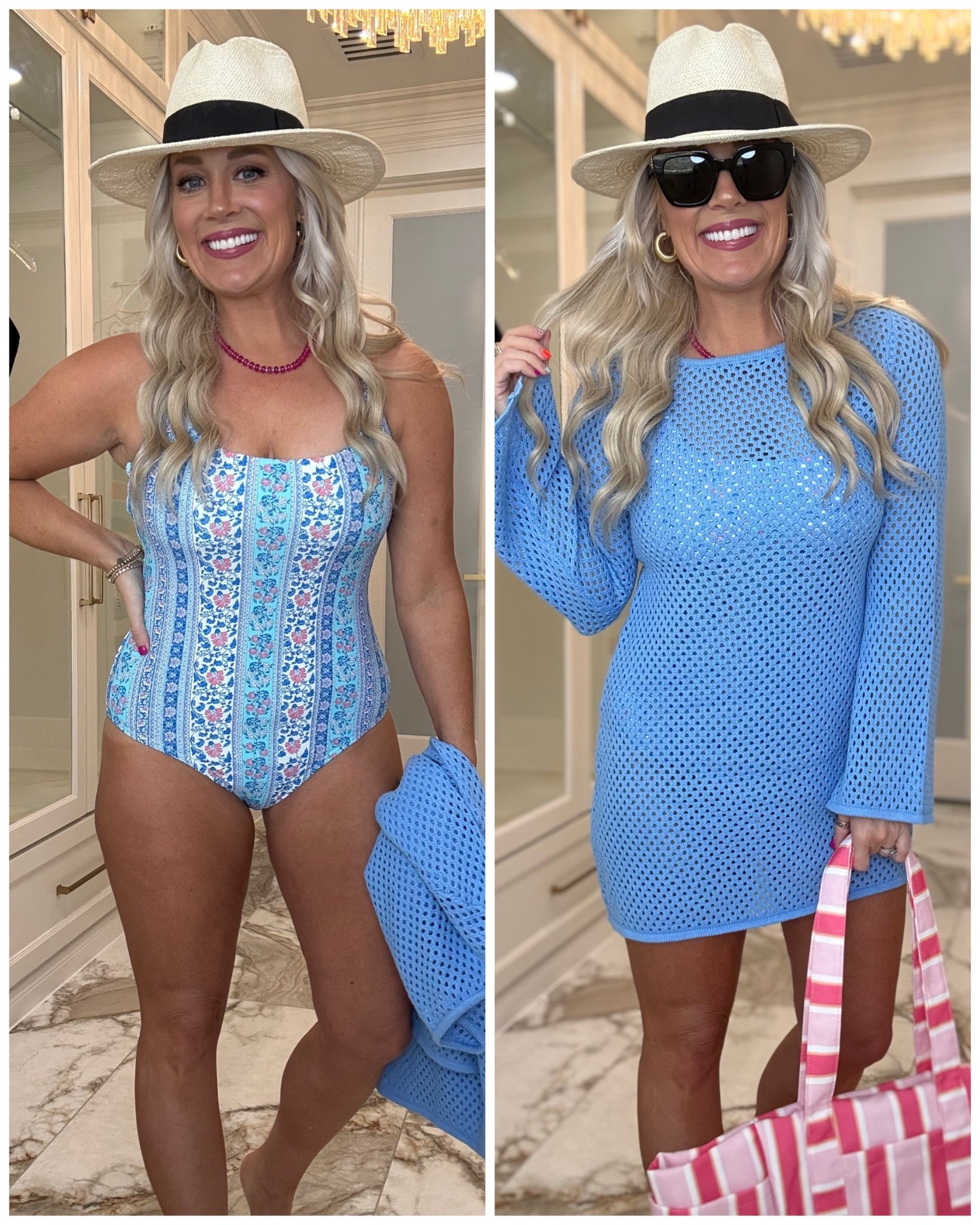 The cutest spring pattern swimsuit / medium 
Crochet blue coverup / medium 