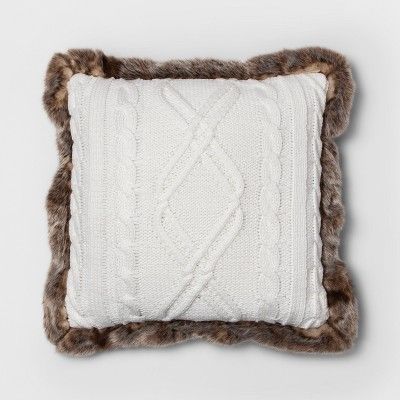 Knit With Faux Fur Reverse & Brown Fur Trim Square Throw Pillow Cream - Threshold™ | Target