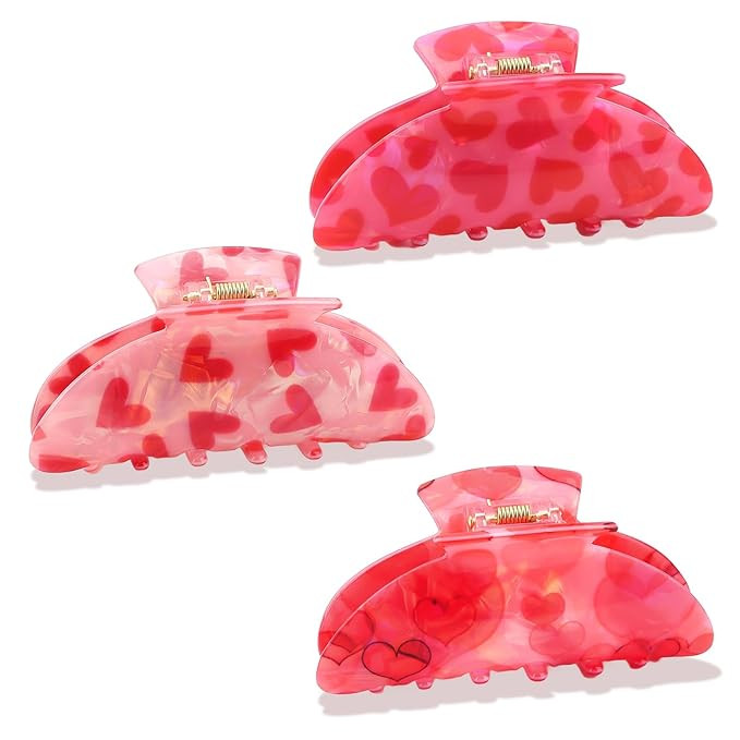 AMCAMI 3PCS Valentine's Day Hair Claw Clips for Women,Pink Heart Acrylic Hairclip,Non-Slip Hair A... | Amazon (US)