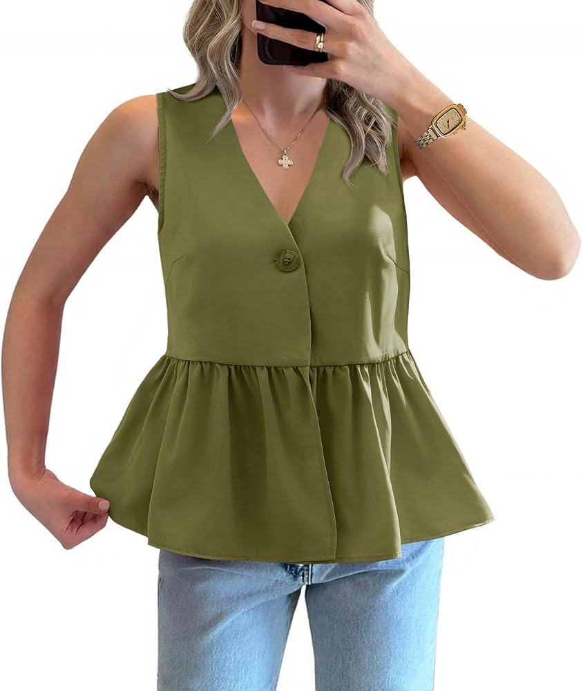 Tankaneo Womens V Neck Babydoll Tank Tops Peplum Ruffle Hem Sleeveless Shirts Summer Casual Butto... | Amazon (US)