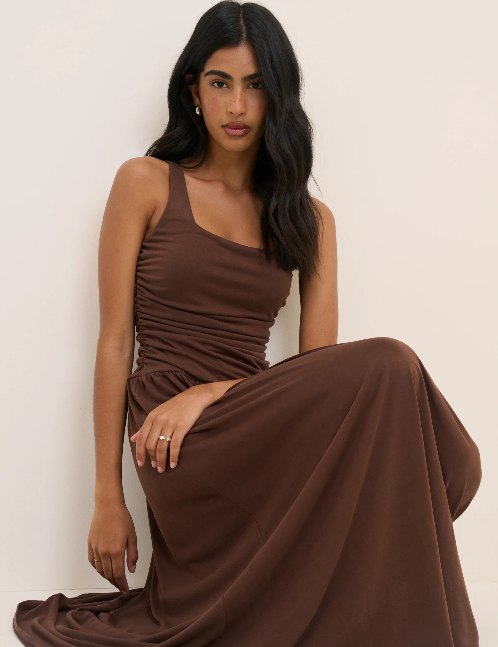 Brown Ruched Jersey Sleeveless Natalie Midi Dress | Nobody's Child