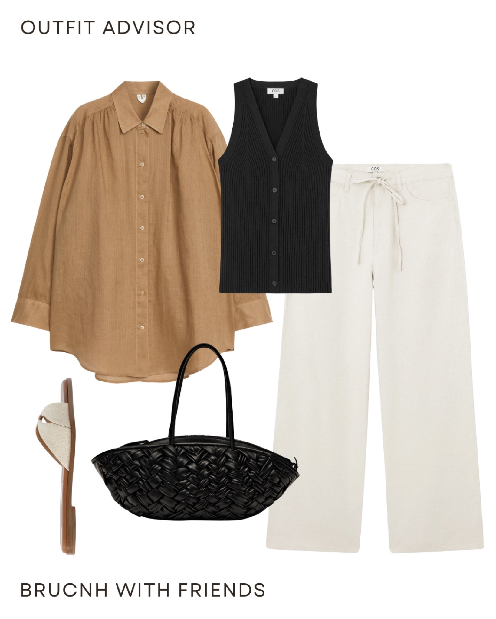 Neutral summer outfit idea: a brown shirt, black button up top, baggy beigr trousers, sandals and a small black bag

#LTKworkwear #LTKmidsize #LTKstyletip