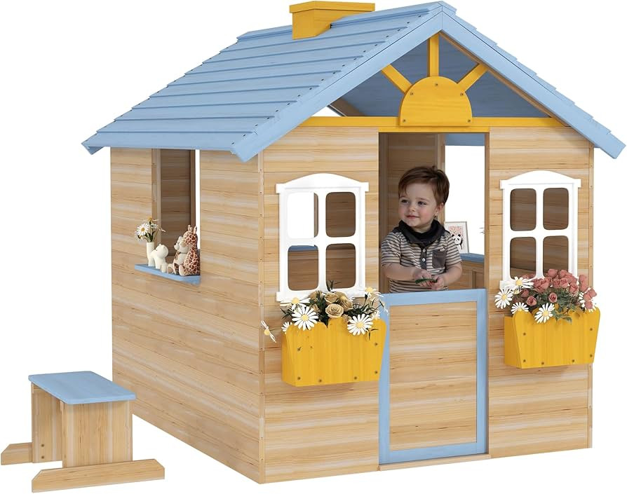 Outsunny Wooden Playhouse for Kids Outdoor Garden Pretend Play Games, Adventures Cottage, with Wo... | Amazon (US)