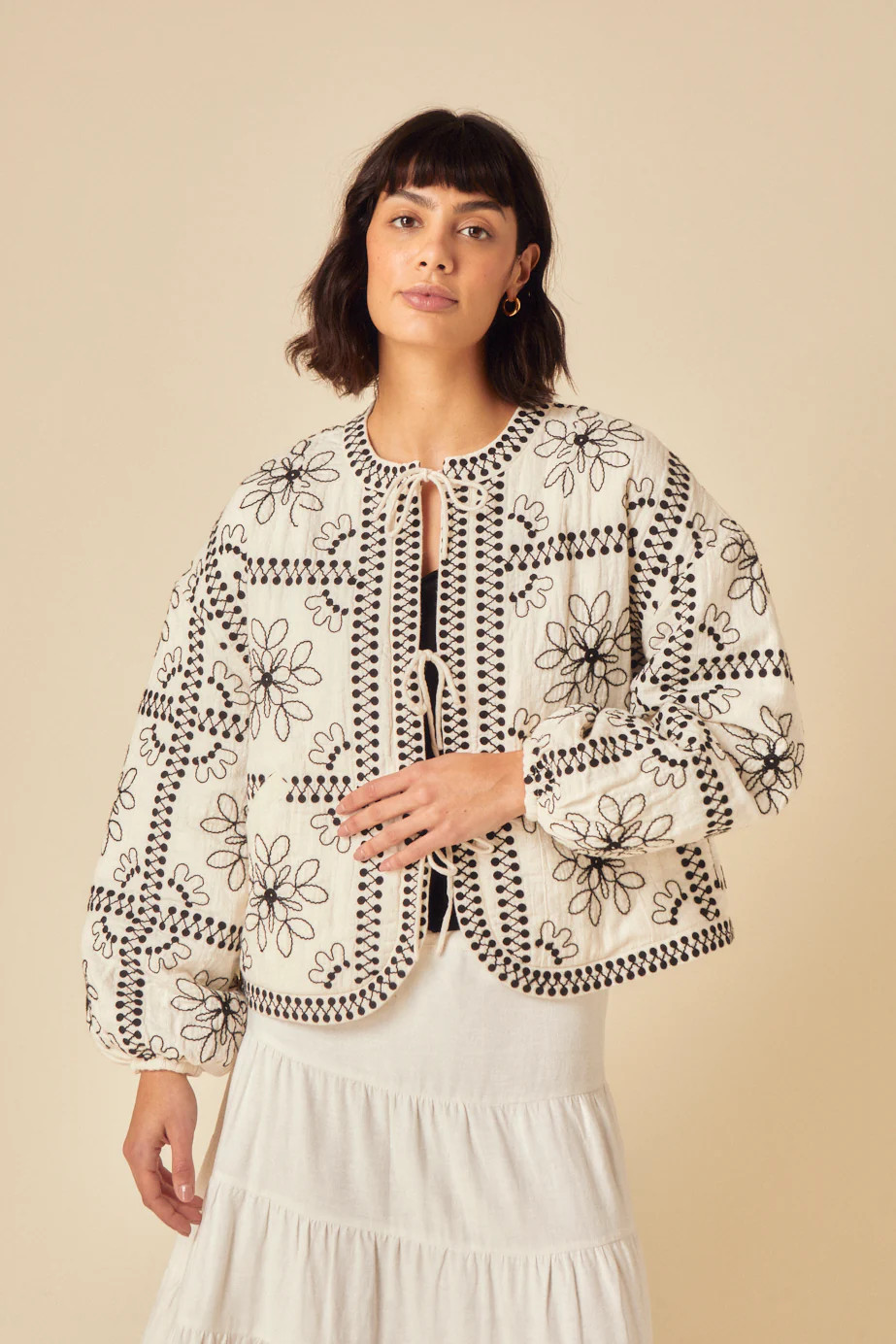 White Floral Embroidered Quilted Jacket | Nobody's Child