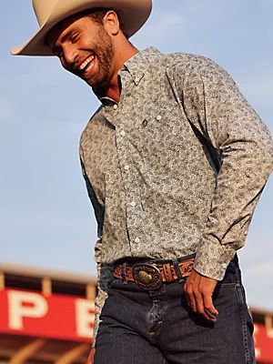 Men's George Strait Long Sleeve Button Down One Pocket Printed Shirt in True Paisley Aqua | Wrangler