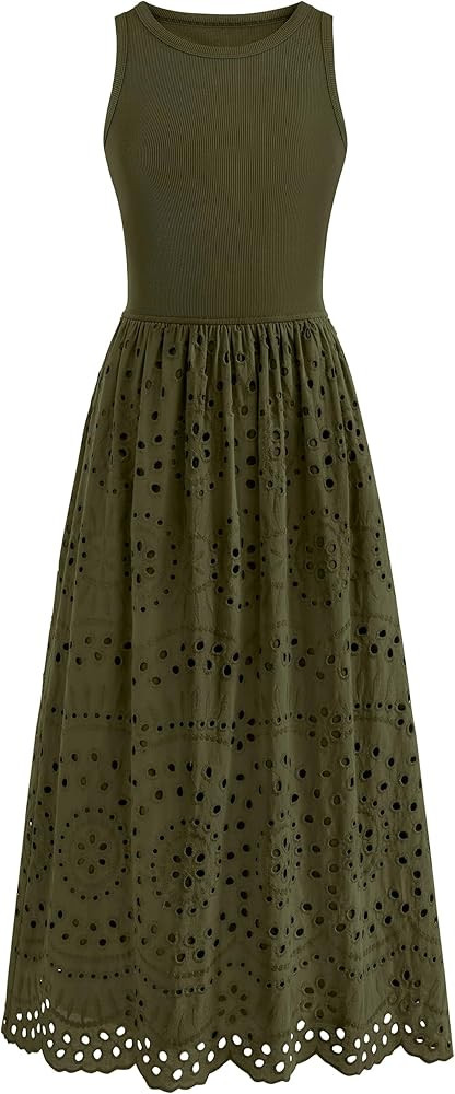dowerme Women Summer Dresses 2026 Casual Sleeveless Crewneck A-Line Boho Lace Eyelet Cotton Tank ... | Amazon (US)