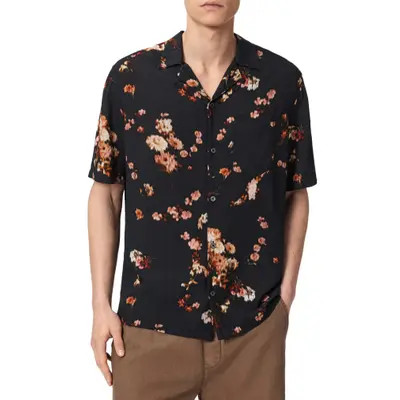 AllSaints Karmada Floral Camp Shirt in Black at Nordstrom, Size Xx-Large | Nordstrom