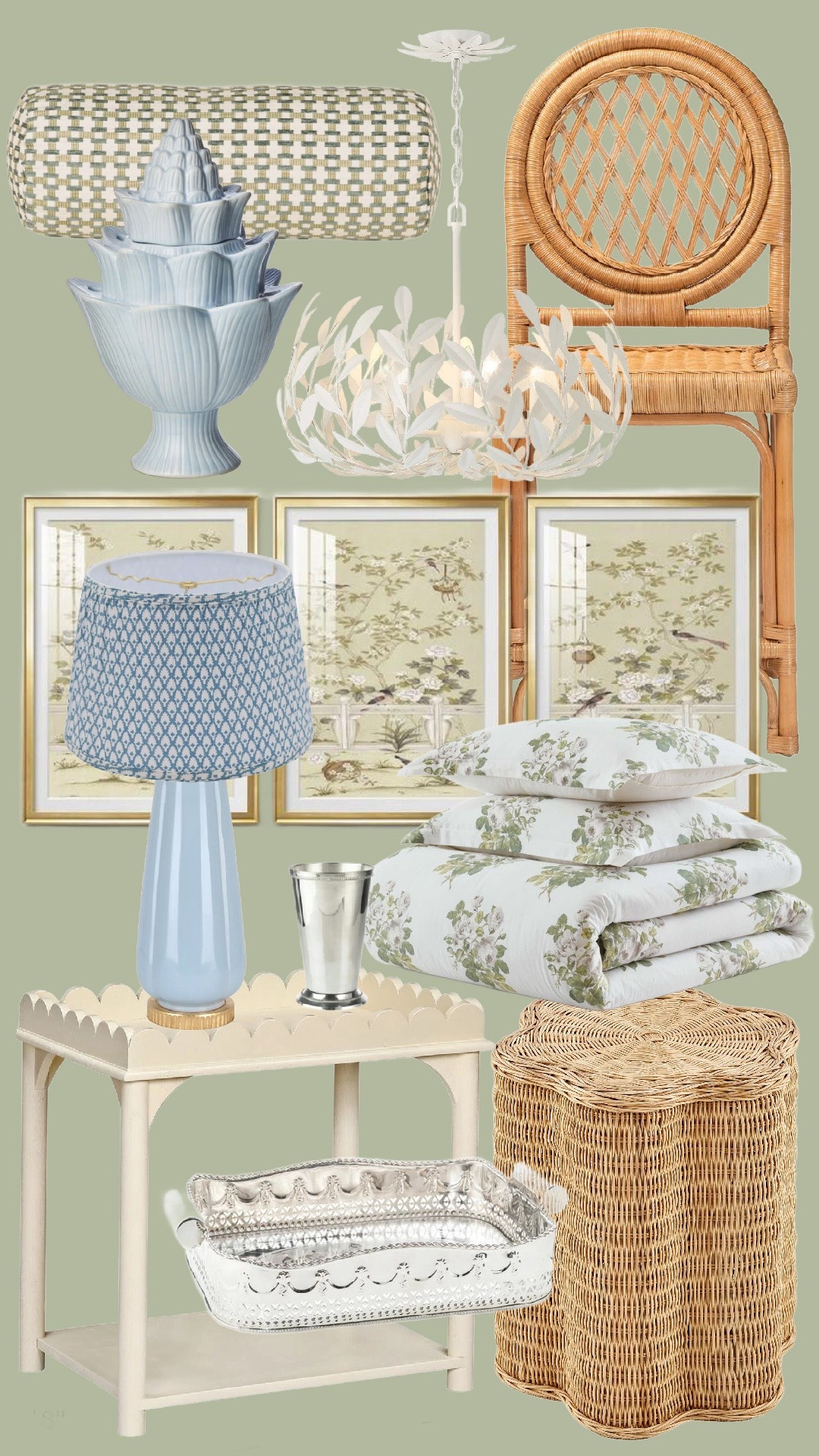 @Wayfair Home decor finds! 

Grandmillennial home finds 

1. Sage green woven bolster pillow
2. Light blue ceramic tulipierre 
3. White floral floor lamp
4. Natural rattan accent chair
5. White botanical leaf chandelier
6. Framed chinoiserie garden wall art prints
7. Blue ceramic table lamp with block print shade
8. Green floral throw pillow
9. Green floral quilt and bedding
10. Silver julep cup
11. Cream scalloped side table
12. Scalloped woven rattan hamper
13. Silver pierced decorative serving tray

Hashtags:
#LTKHome #GrandmillennialStyle #TraditionalHome #EnglishCountryStyle #ChinoiserieDecor #HomeDecorFinds #SouthernStyle #CollectedHome