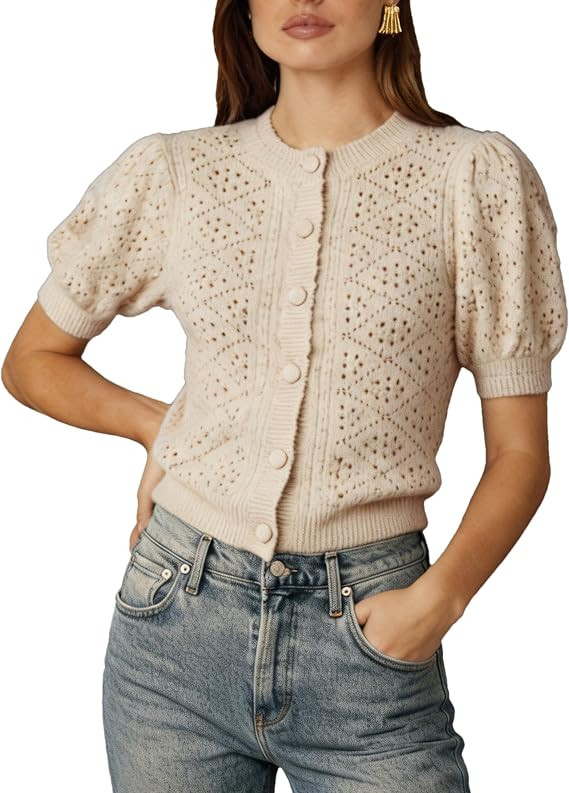 Shiyifa Womens Summer Puff Short Sleeve Cardigan Lightweight Crochet Button Down Sweaters Knit Crop Tops | Amazon (US)