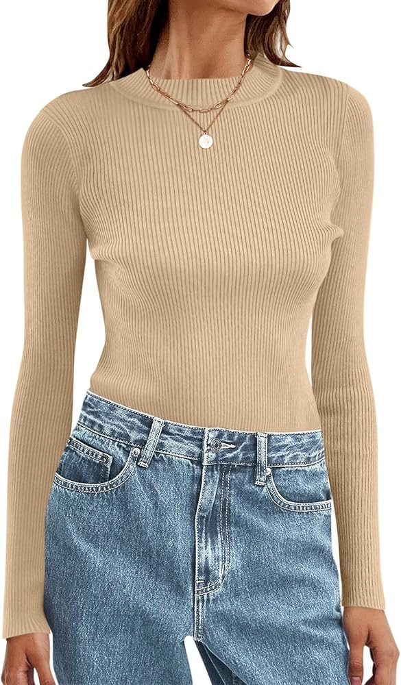 Women Ribbed Square Neck Long Sleeve Pullover Sweaters Knit Fitted Basic T Shirts | Amazon (US)