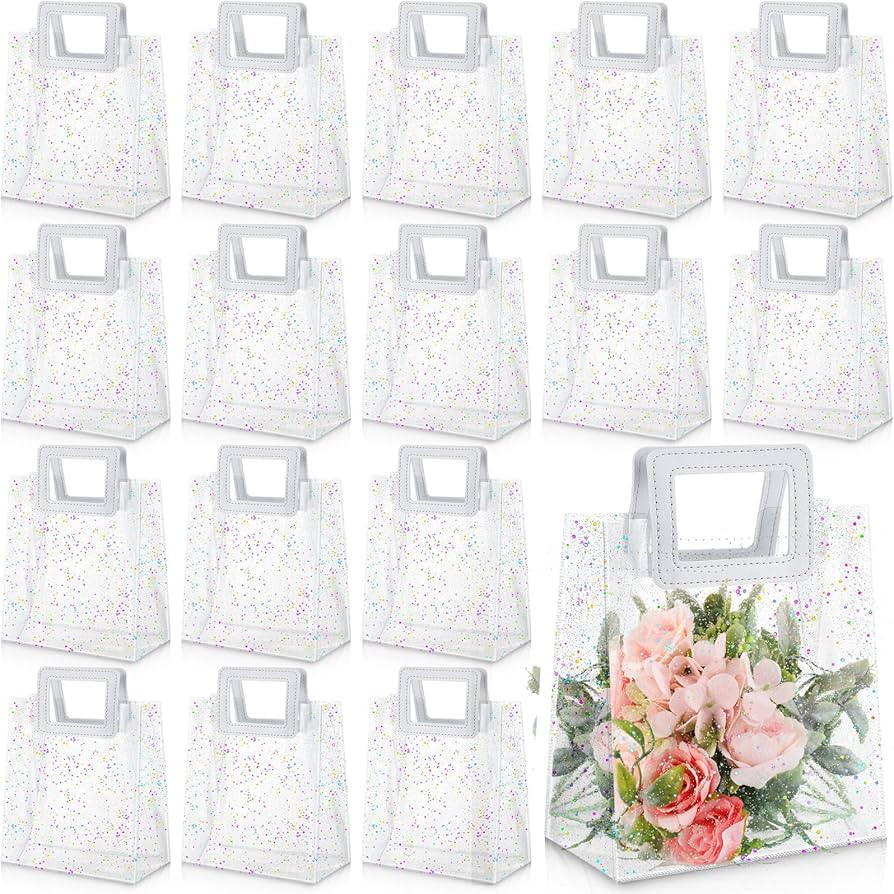 Jetec 20 Pcs Clear Gift Bag with Handles Wedding Transparent Glitter Tote Bag 7x4x8 Inch Reusable... | Amazon (US)
