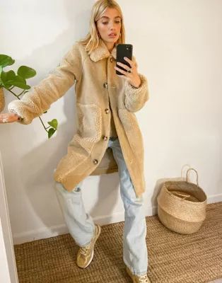 Vero Moda teddy coat with faux fur trims in beige | ASOS (Global)