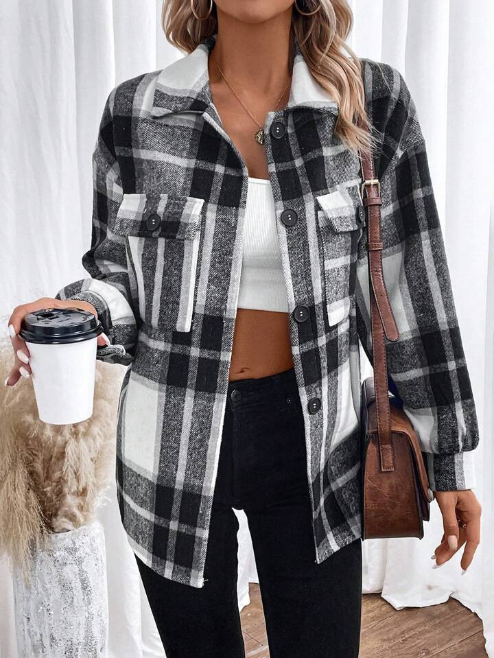 SHEIN Essnce Plaid Print Drop Shoulder Flap Pocket Drop Shoulder Coat | SHEIN