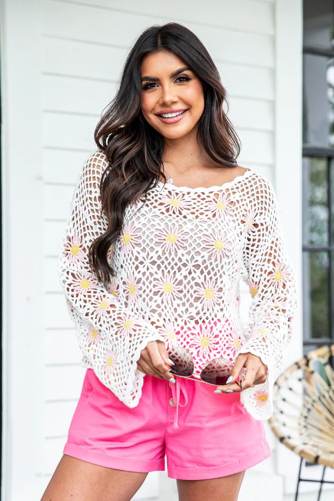 Right This Way Flower Crochet Sweater | Pink Lily