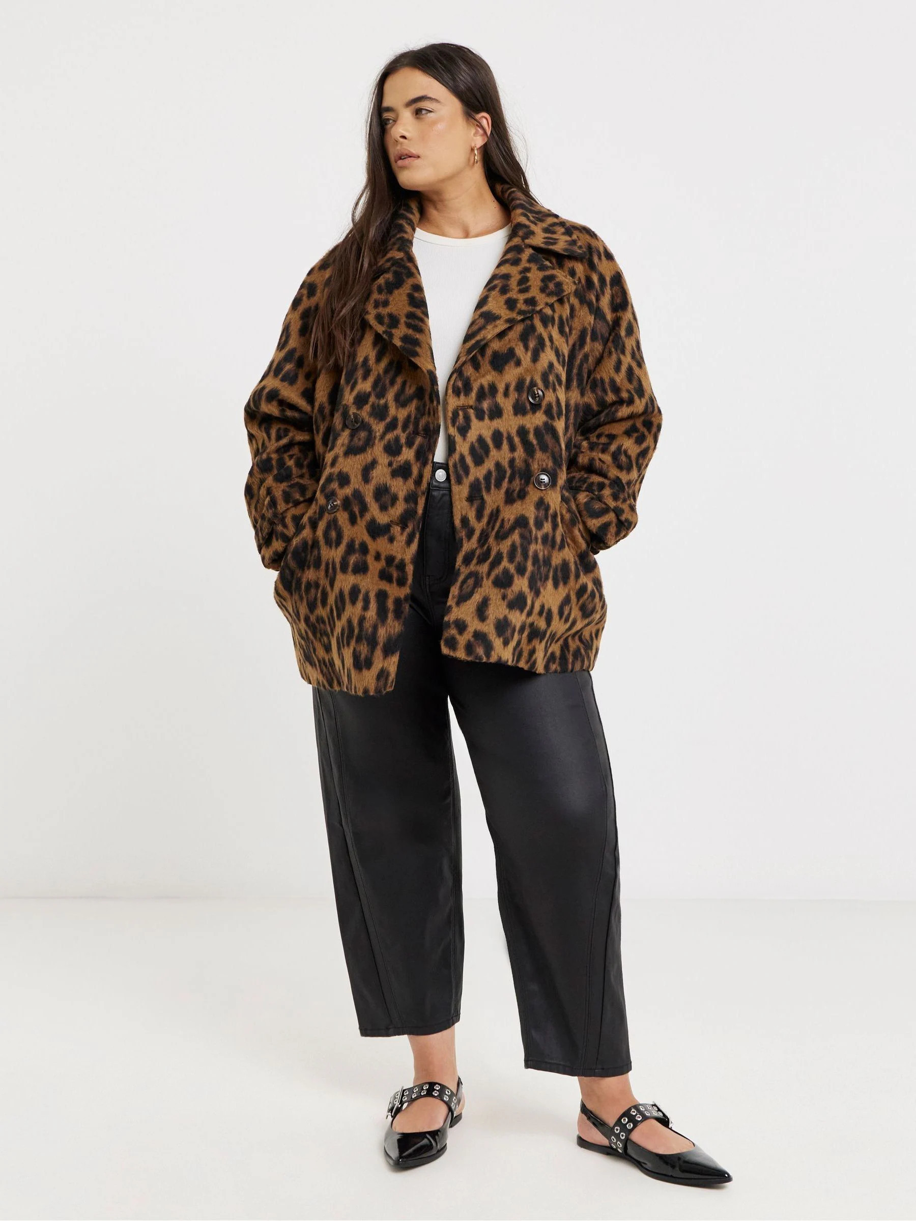 Simply Be Simply Be Animal Leopard Print Brushed Faux Wool Pea Coat | Next US