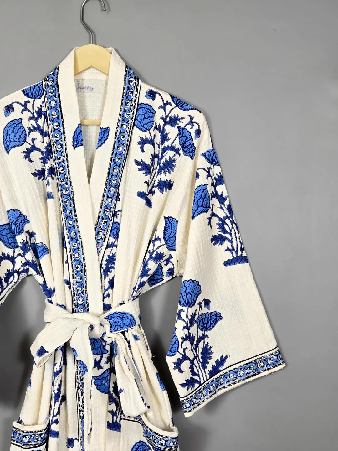 Handblock Printed Waffle Cotton Robe - Blue Floral Kimono Bathrobe - Etsy | Etsy (Global)