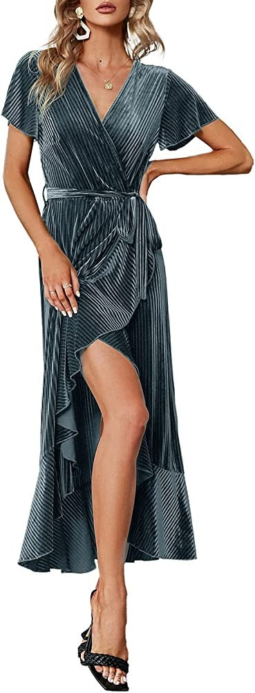 Miessial Women's Summer Chiffon V Neck Ruffle Maxi Dress Polka Dot Long Beach Wrap Dress | Amazon (US)