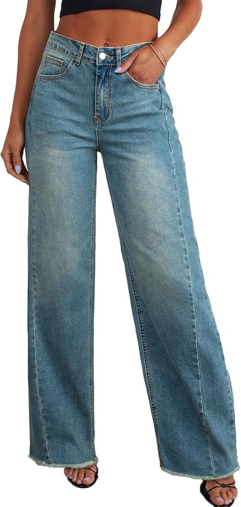 Sidefeel Women's Wide Leg Jeans High Waisted Strechy Raw Hem Zimbaplatinum Denim Pants | Amazon (US)