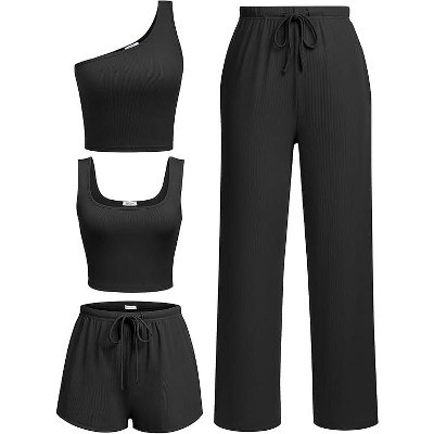 Ekouaer Womens 4 Piece Lounge Sets Ribbed Knit Crop Tank Top and Shorts Pants Casual Outfits Black L | Target