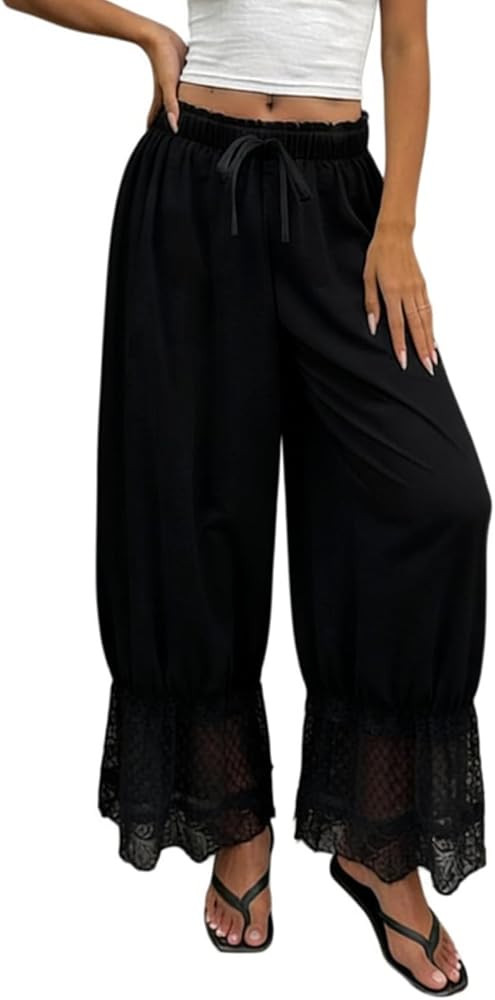 Womens Lace Bloomers Pants Lounge Smocked Elastic Waist Ruffle Pantaloons | Amazon (US)