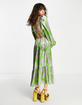 Topshop satin elastic back occasion midi dress in green and purple | ASOS (Global)