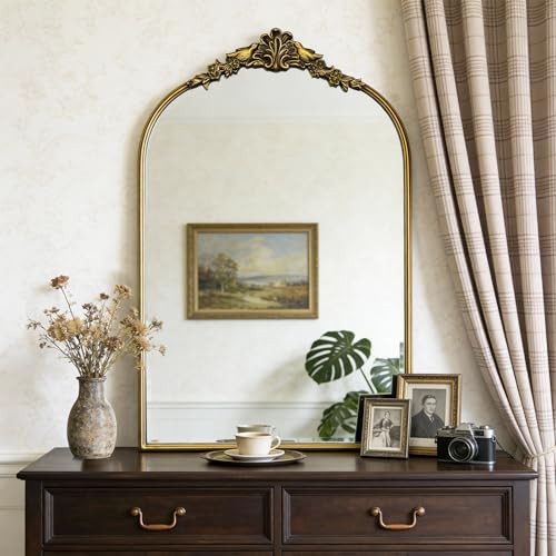 Oujchenghome Antique Baroque Vintage Vanity Mirror 36x24Inch, Gold with Ornate Antique Frame, Arched Vintage Wall Mirror for Living Room, Fireplace, Entryway | Amazon (US)