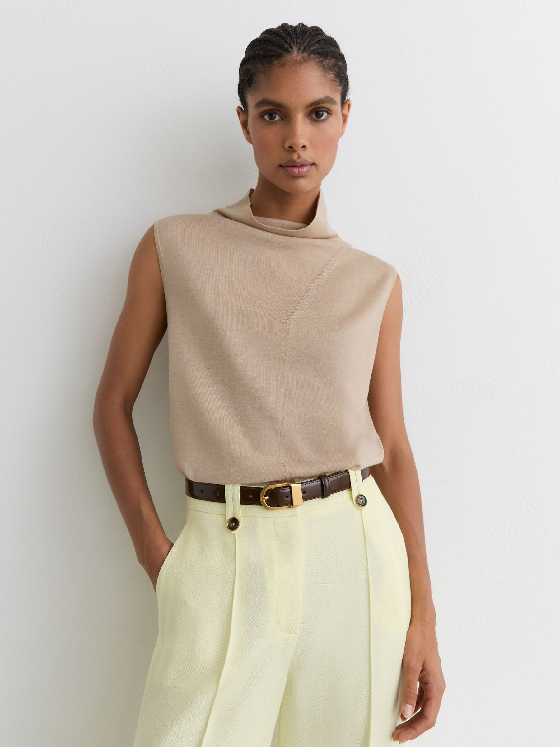 Wool Funnel-Neck Sleeveless Knit Top in Neutral | Reiss UK