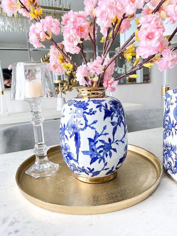 White and Blue Jar, Ginger Jar Vase, Gold Ceramic Vase, chinoiserie jar, Housewarming Gift | Etsy (US)