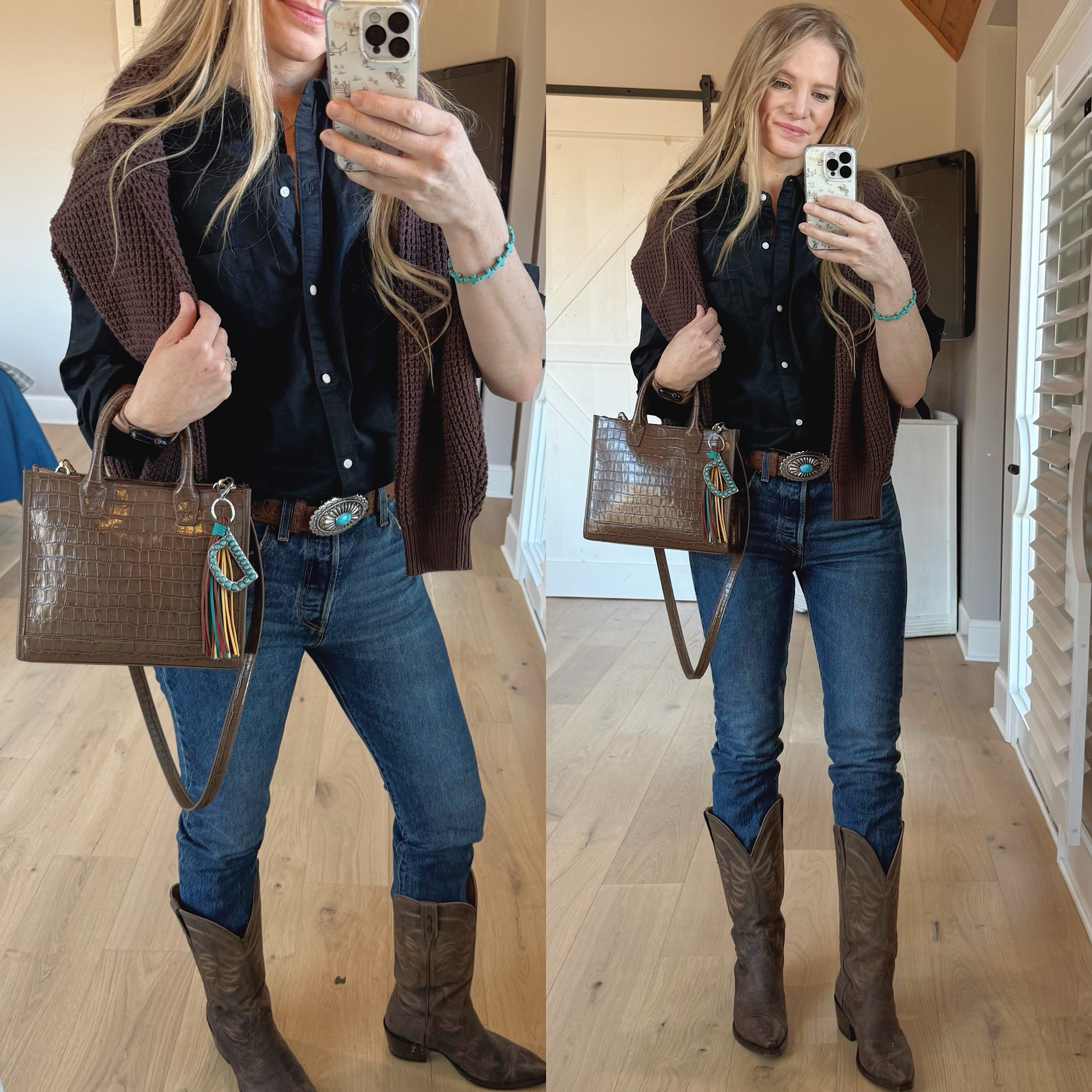 Casual western jeans outfit

Size reference 5’ 9” 140 lbs

Oversized cardigan- large
LOVE!

Black button up - medium tall

Straight leg jeans - 27 x 32

Cowboy boots - sized up 1/2 size


🔍western jeans outfit. Jeans tucked into boots outfit. Western boots outfit. Western winter outfit. Tecovas boots outfits. Learherology bag. Black and brown outfit. 

#LTKStyleTip #LTKSaleAlert #LTKFindsUnder50