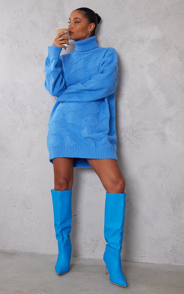Bright Blue Diamond Knitted Oversized Sweatshirt Dress | PrettyLittleThing US