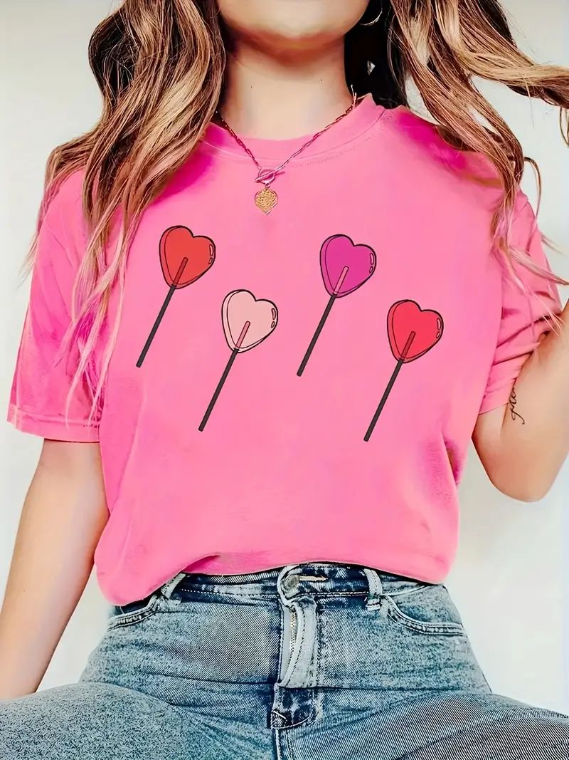 Valentine's Day Heart Print T-shirt, Casual Short Sleeve Crew Neck Top For Spring & Summer, Women... | Temu Affiliate Program