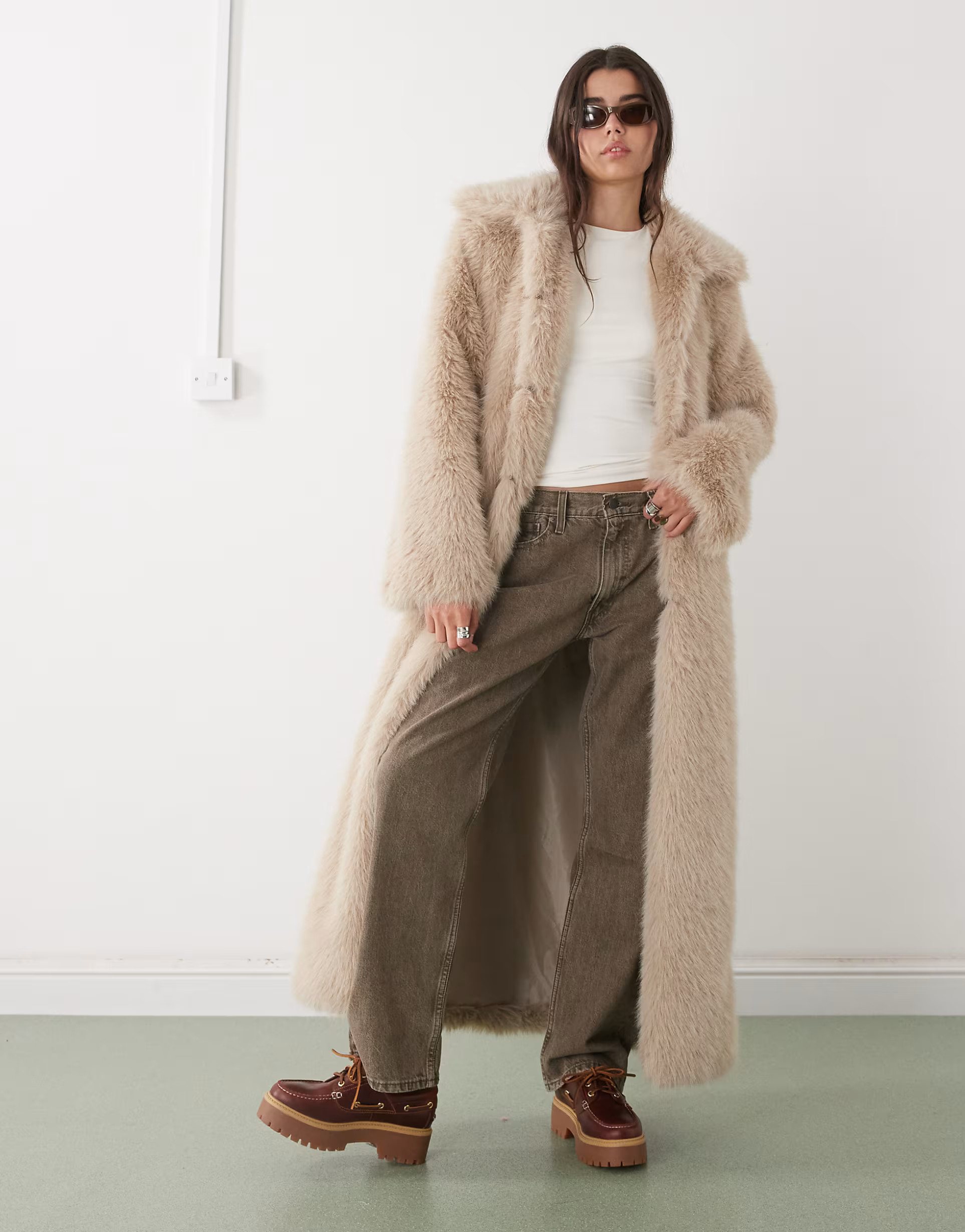 Noisy May faux fur longline coat in beige | ASOS | ASOS (Global)