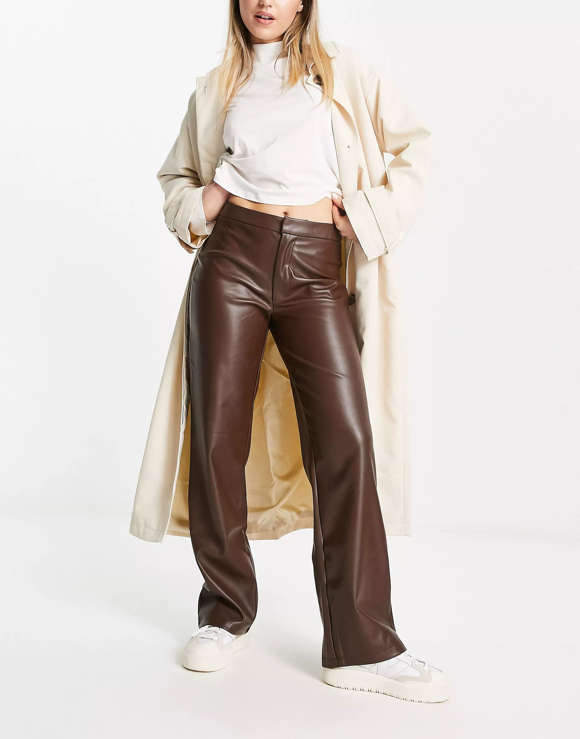 NA-KD faux leather straight leg trousers in brown  | ASOS | ASOS (Global)