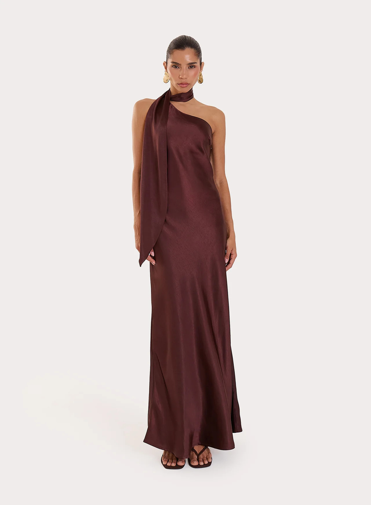 Women's Chocolate Satin One Shoulder Maxi Dress | Ellen | 4th & Reckless | 4th & Reckless