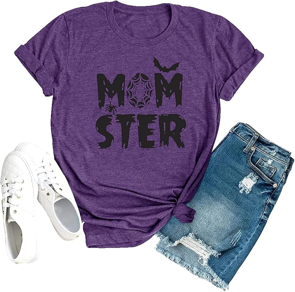 Momster T Shirt Women Funny Halloween Spider Bat Graphic Tee Casual Mom Ster Letter Print Hocus Pocu | Amazon (US)