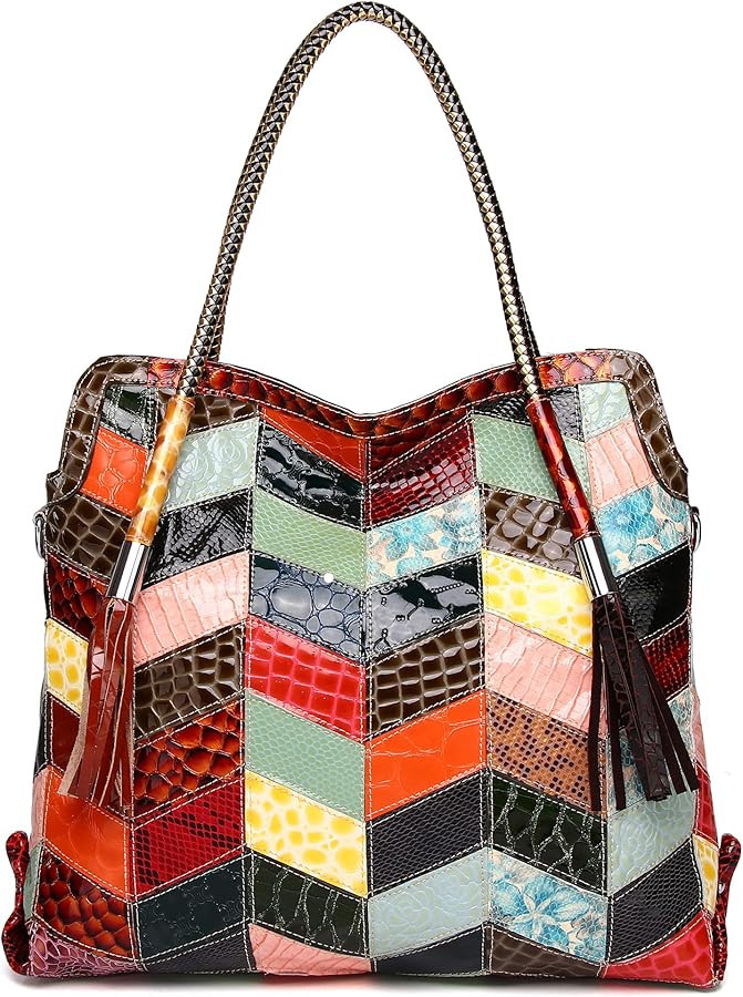 Women's Multicolor Big Boston Bag Genuine Leather RANDOM Colorful Patchwork Large Tote Handbag Ho... | Amazon (US)